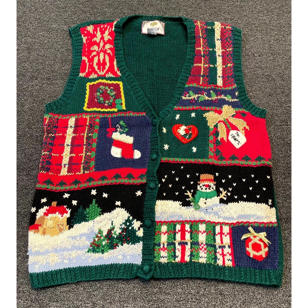 Vintage Tiara International Sweater Vest Womens Medium Green Holiday Patchwork